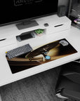 Starship cruising past a ringed planet backdrop mouse pad, 32x12 inches, with tiny lights in dark space.