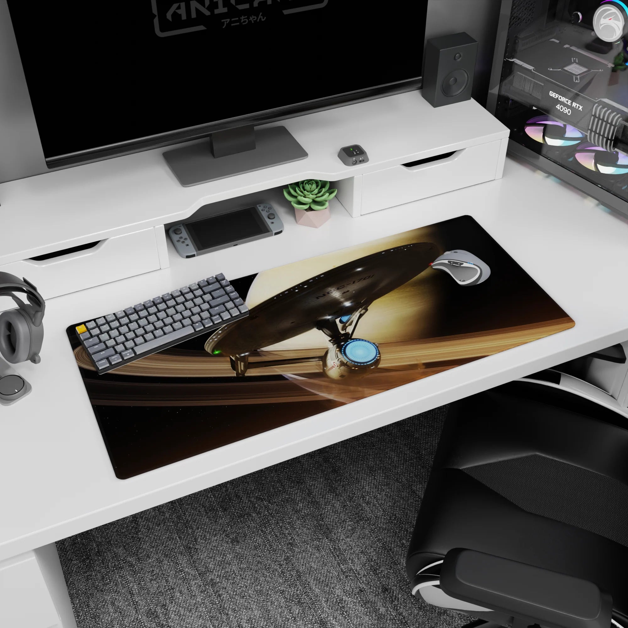 Sleek starship cruising past a ringed planet with tiny lights, desk pad 36x16 inches.