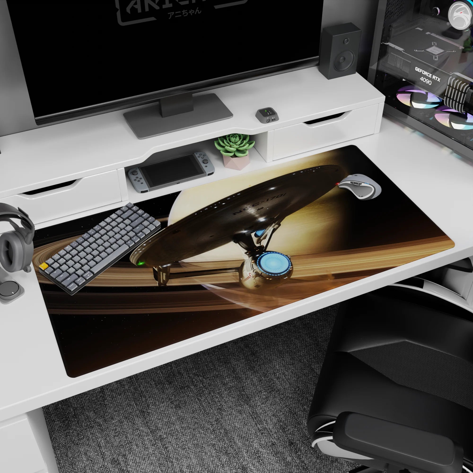 Starship over swirling ringed‑planet bands desk pad 40x20 inches with tiny lights in dark space.