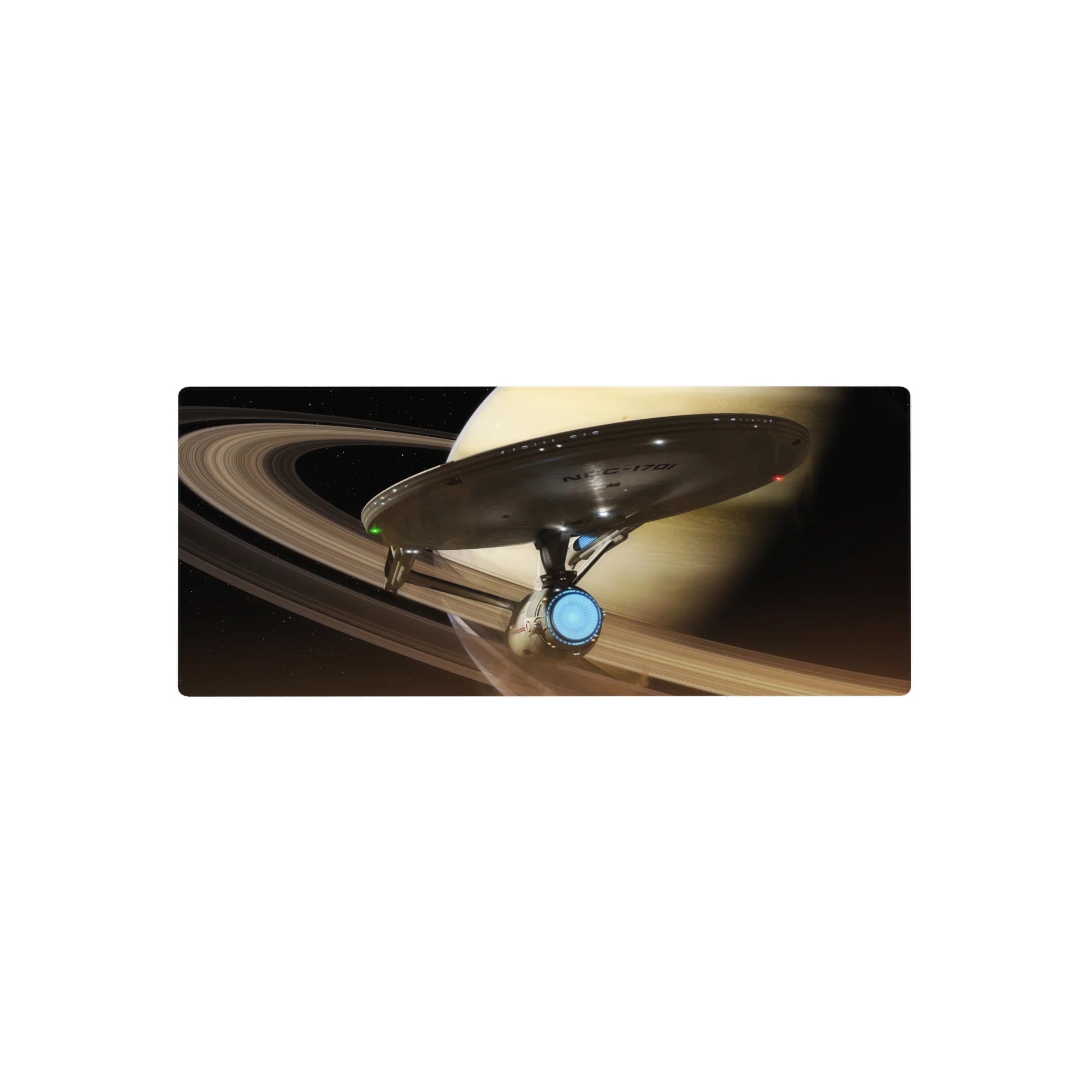 Ringed planet sky starship desk mouse pad, 28x12 inches, with swirling beige bands and tiny lights.
