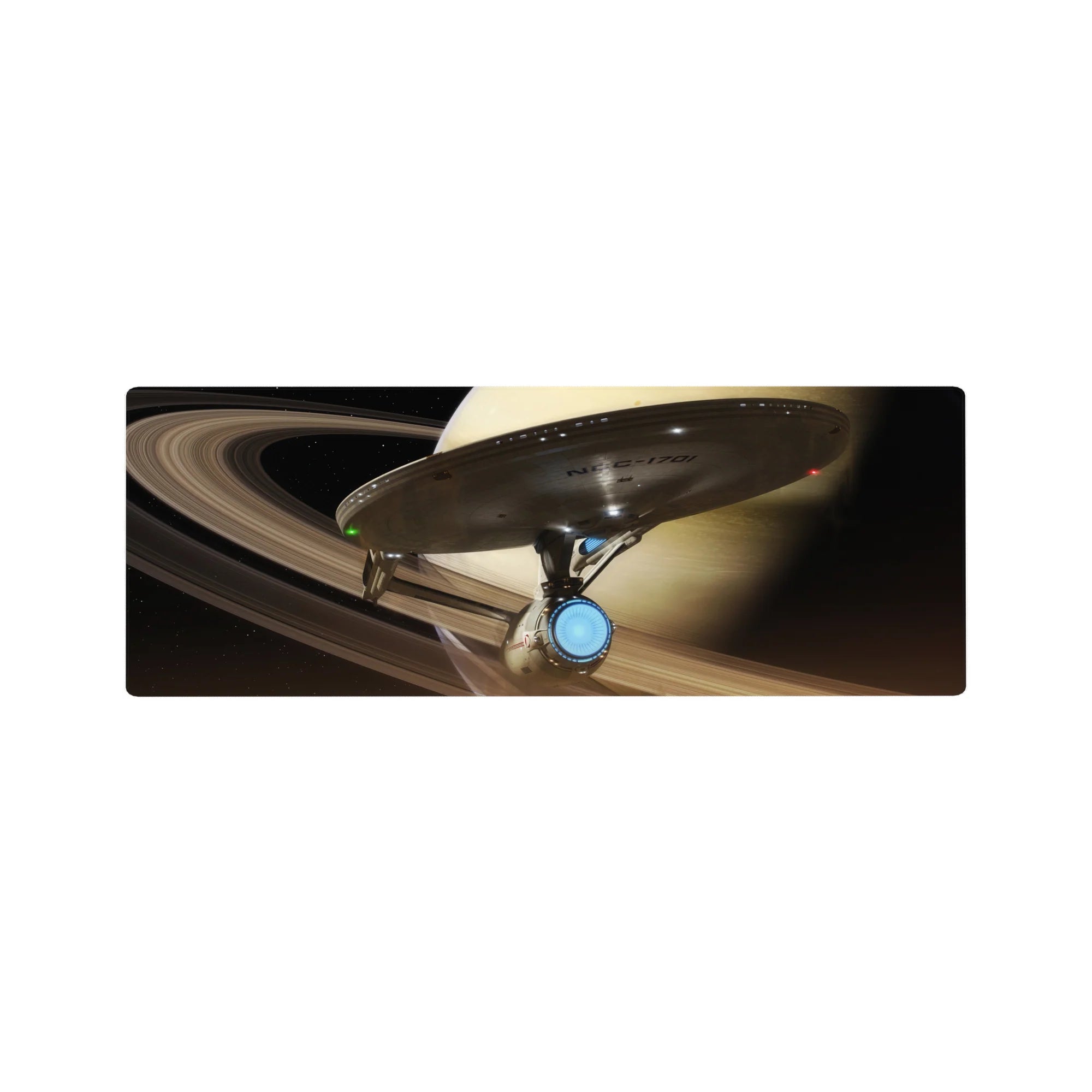 Sci-fi ringed planet sky mouse pad, 32x12 inches, with sleek starship and swirling beige bands.