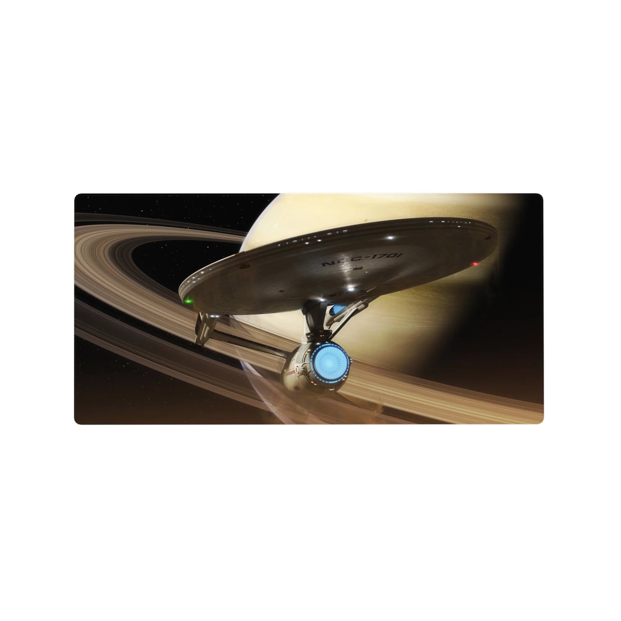 Dreamy ringed-planet sky starship mouse pad, 32x16 inches, with swirling beige bands and tiny lights.