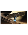 Dreamy ringed-planet sky starship mouse pad, 32x16 inches, with swirling beige bands and tiny lights.