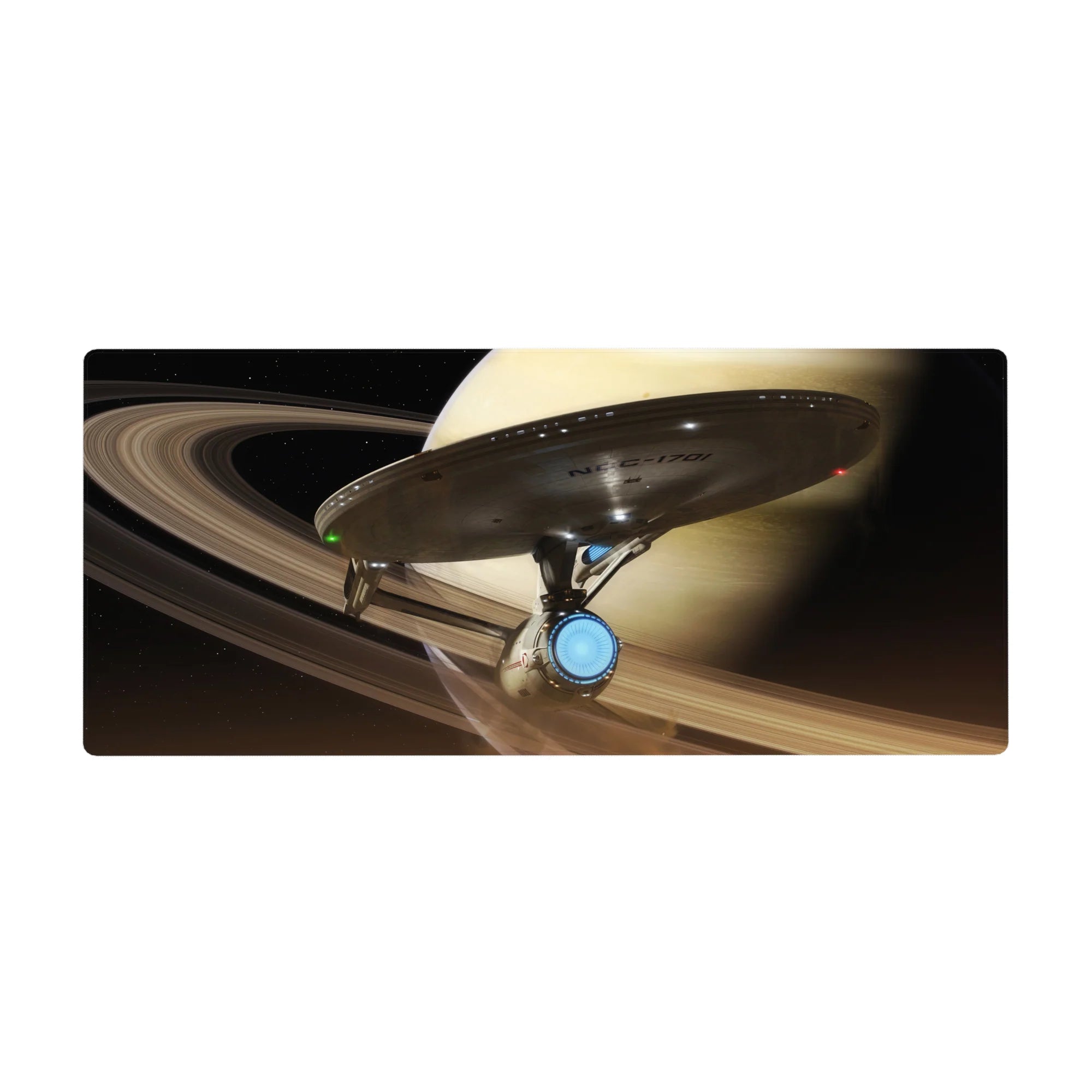 Ringed planet sky starship desk pad, 36x16 inches, with swirling bands and cozy deep space backdrop.