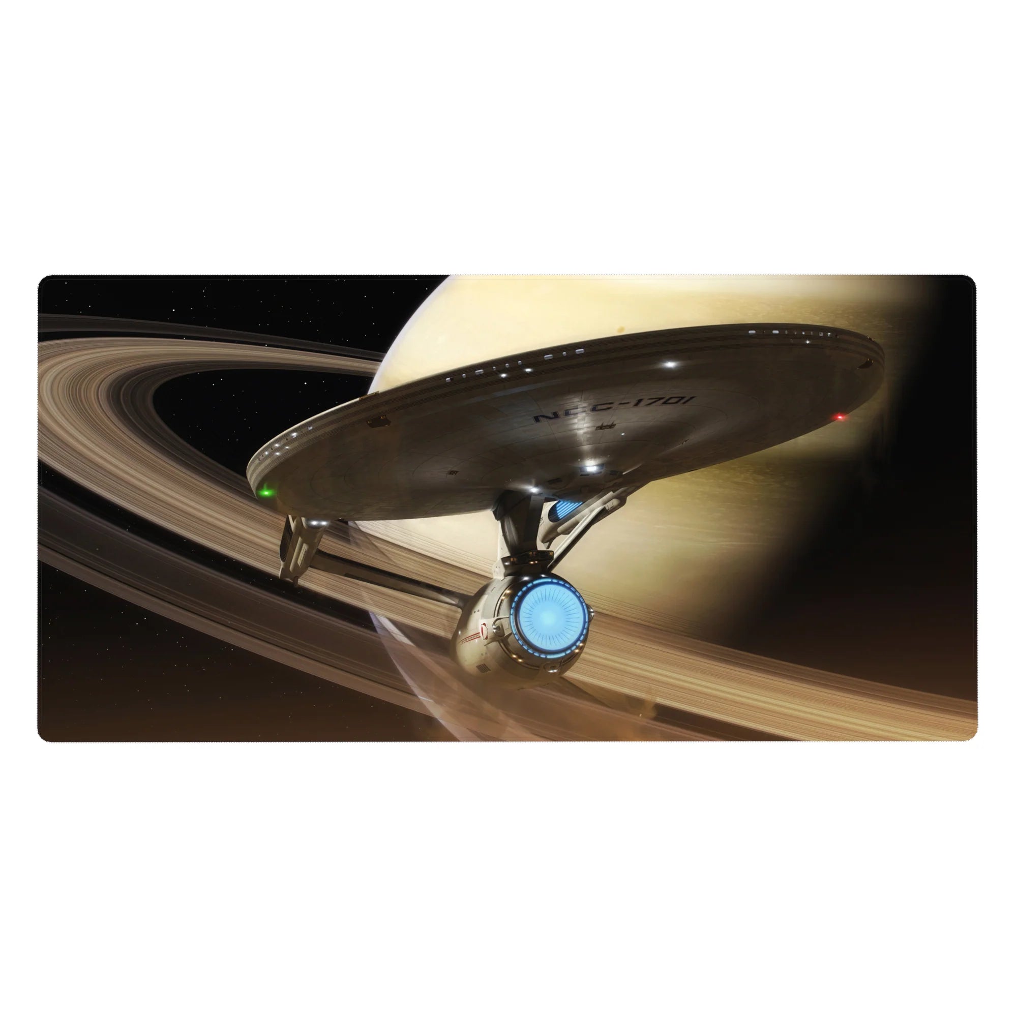 Sci‑fi desk pad 40x20 inches with ringed planet sky backdrop and sleek starship cruising across.