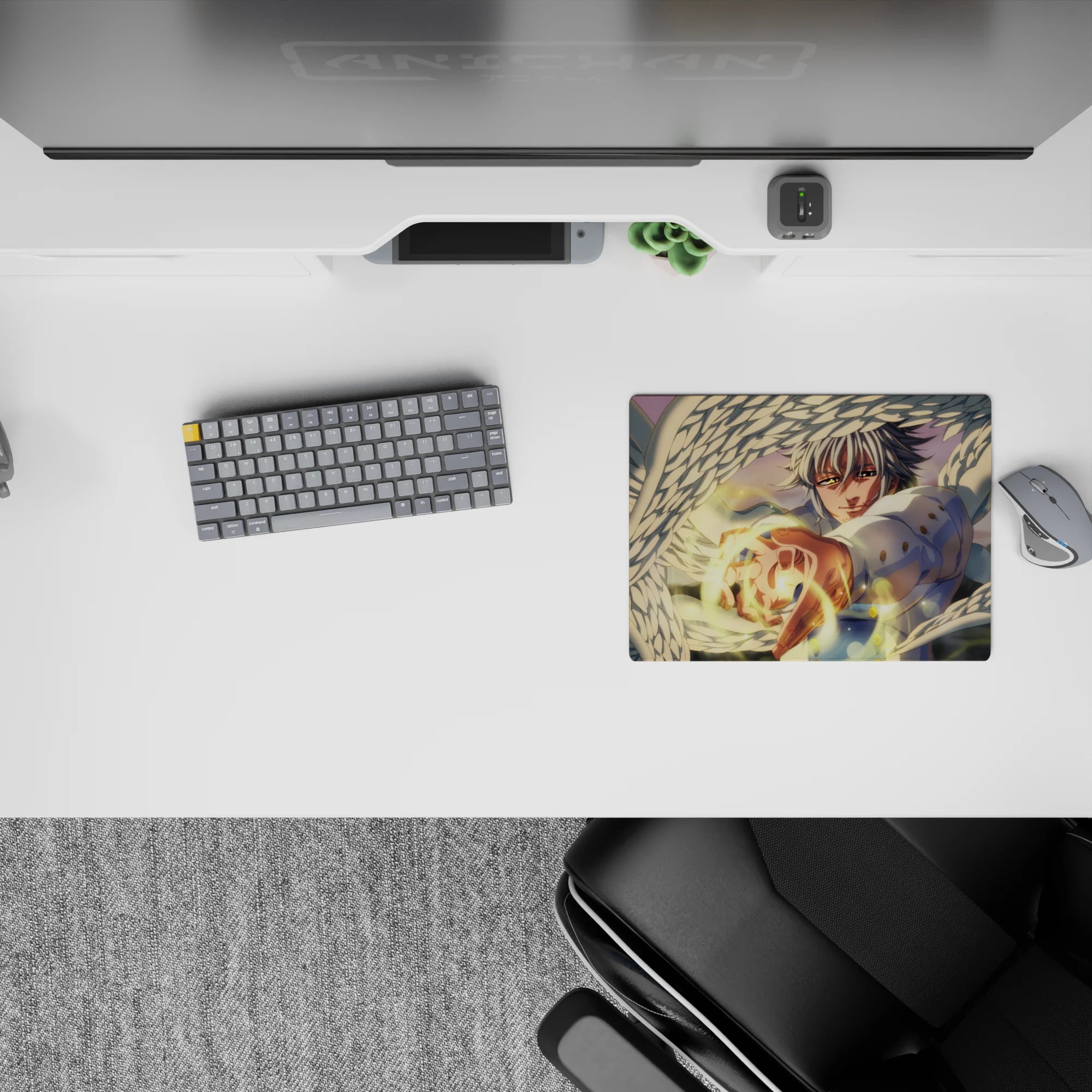 14x10 inches classic anime mouse pad in warm sunset glow, soft bokeh, crisp whites and golden accents.