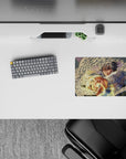 14x10 inches classic anime mouse pad in warm sunset glow, soft bokeh, crisp whites and golden accents.