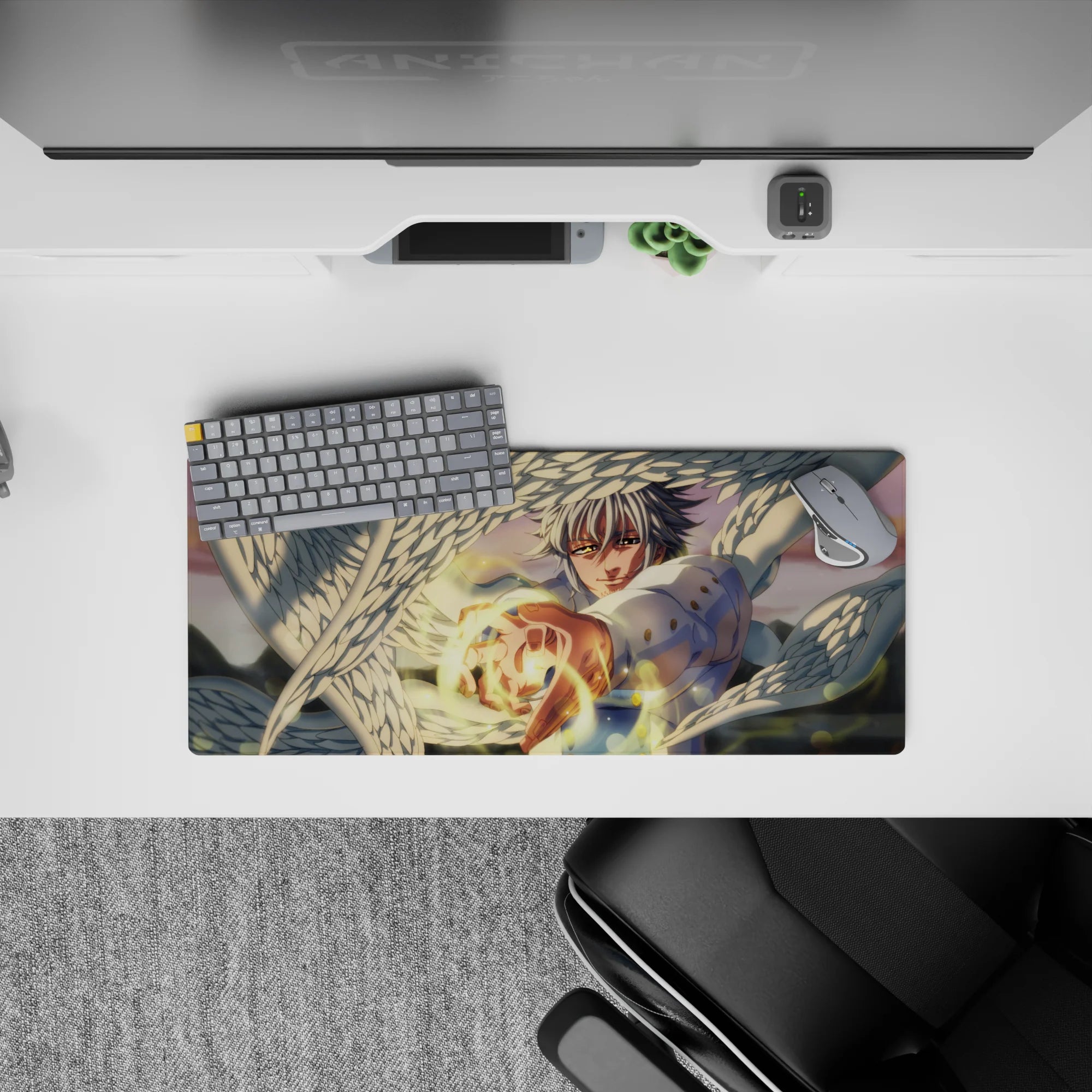 Sunset-glow anime mouse pad 28x12 inches in warm haze, soft bokeh lights, and golden energy highlights.