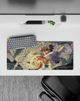 Sunset-glow anime mouse pad 28x12 inches in warm haze, soft bokeh lights, and golden energy highlights.