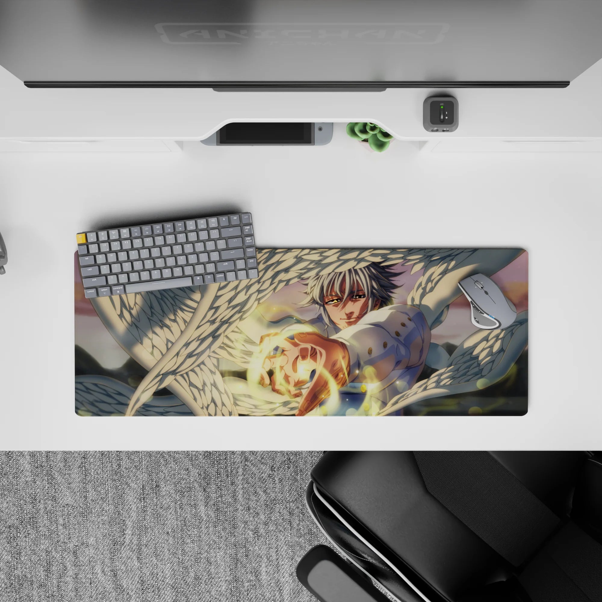 32x12 inches anime mouse pad in warm sunset haze, soft bokeh glow, crisp whites and gold accents.