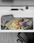 32x12 inches anime mouse pad in warm sunset haze, soft bokeh glow, crisp whites and gold accents.