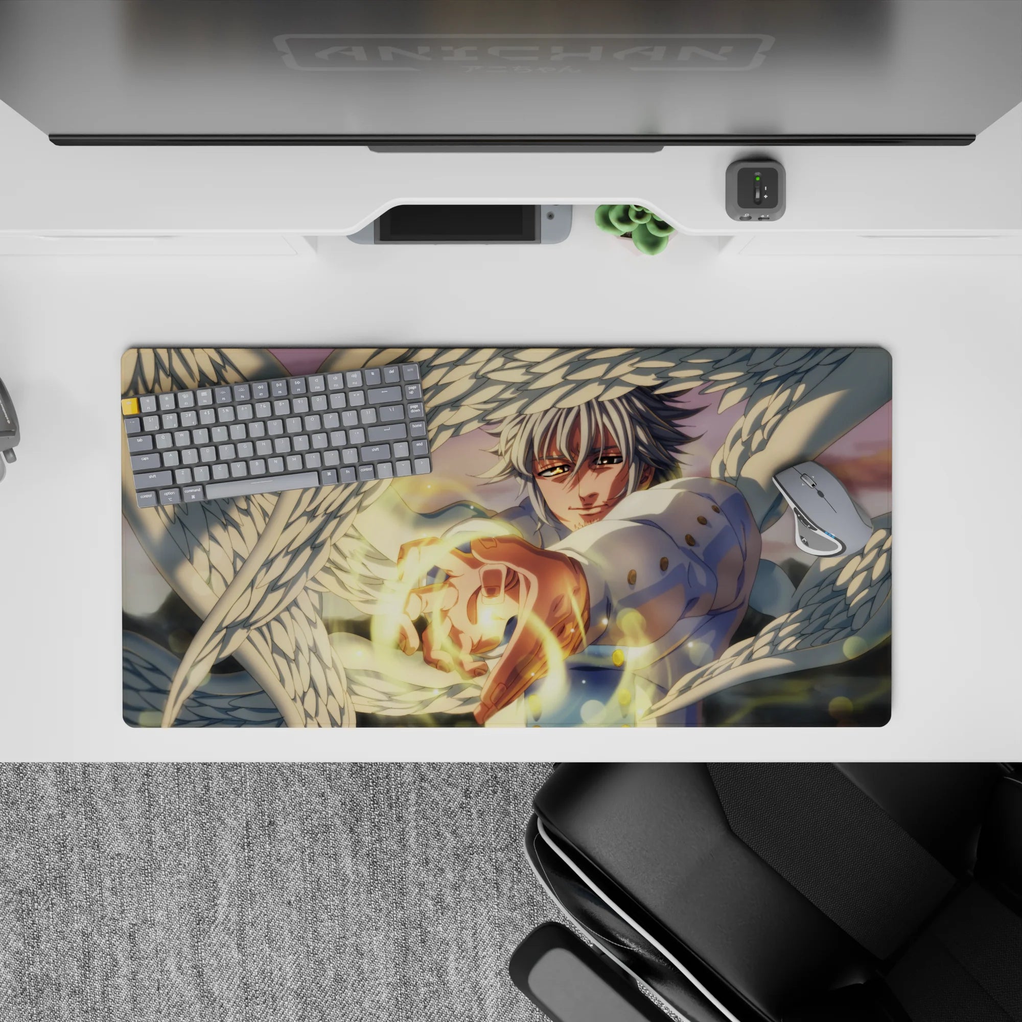32x16 inches anime mouse pad in warm sunset haze, soft bokeh glow, crisp whites and golden highlights.