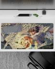 32x16 inches anime mouse pad in warm sunset haze, soft bokeh glow, crisp whites and golden highlights.