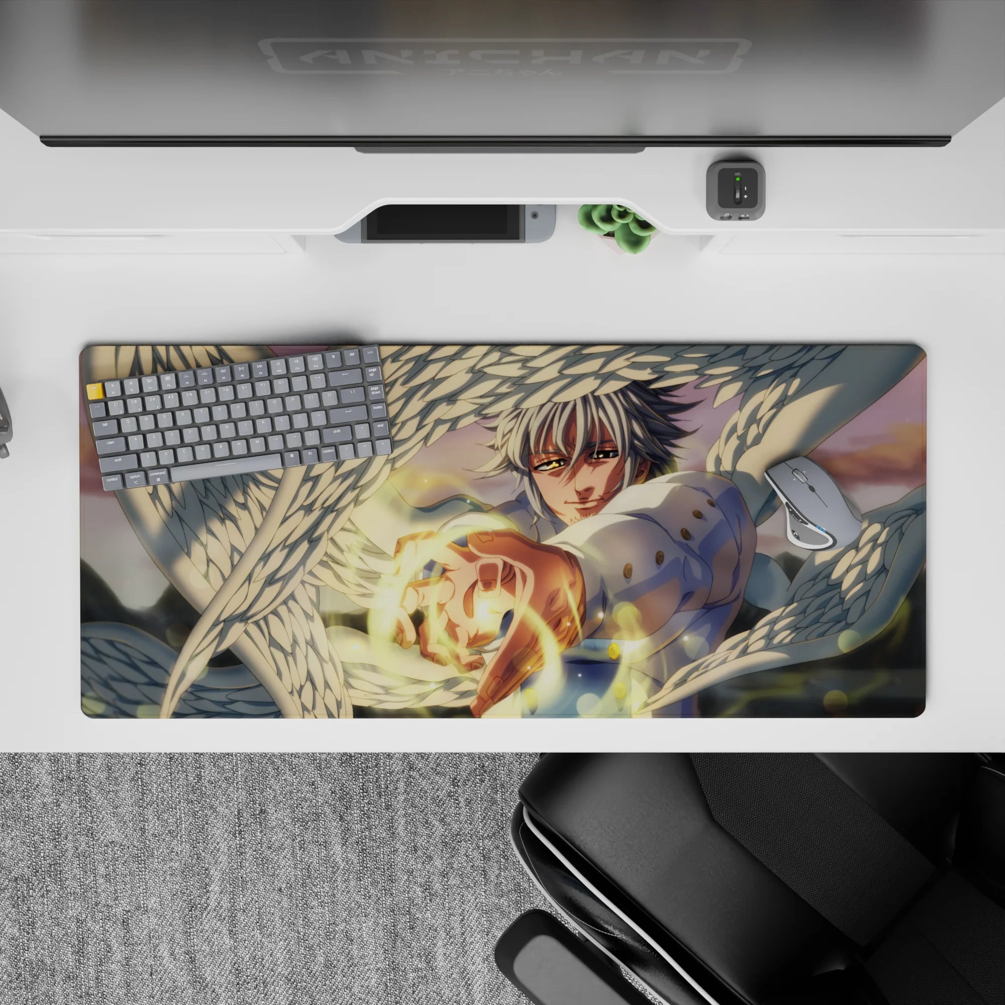 36x16 inches anime desk pad in warm sunset haze, soft bokeh glow, white-and-gold palette, serene power.