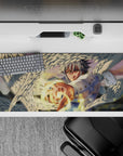 36x16 inches anime desk pad in warm sunset haze, soft bokeh glow, white-and-gold palette, serene power.