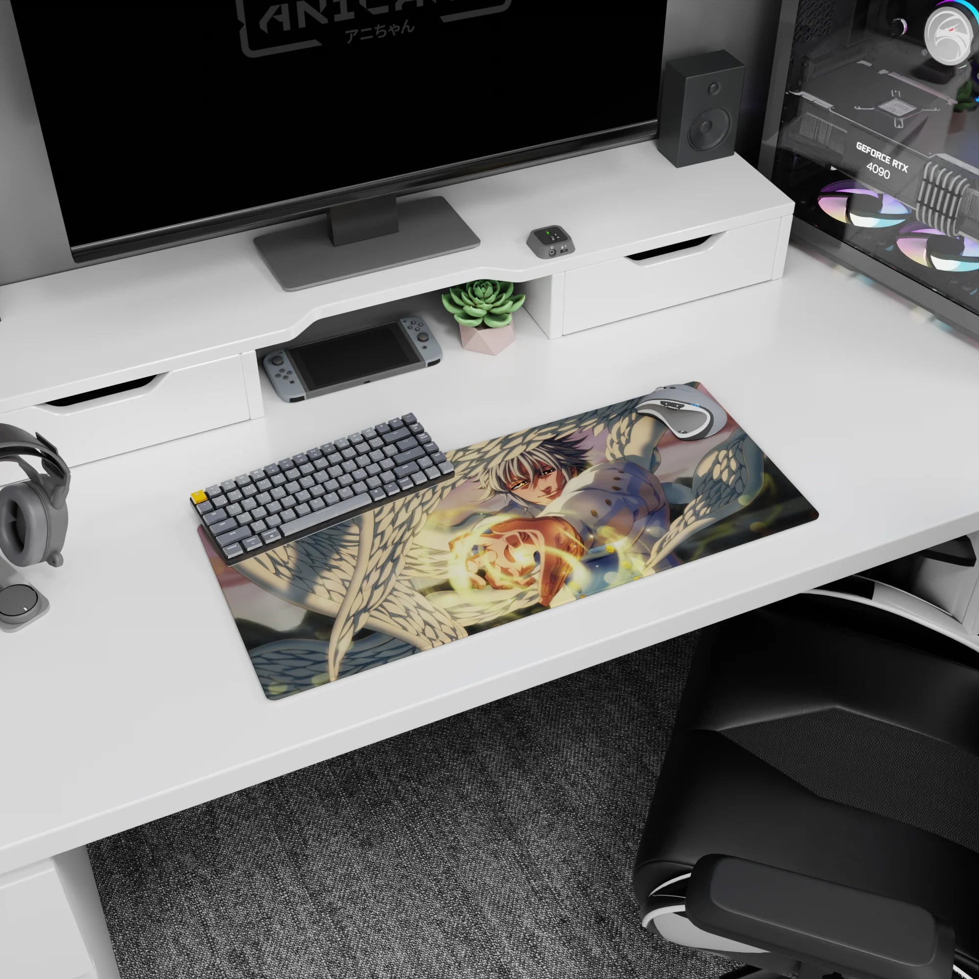 Silver-haired angel reaches forward on anime mouse pad 28x12 inches, layered white feathers and steady gaze.