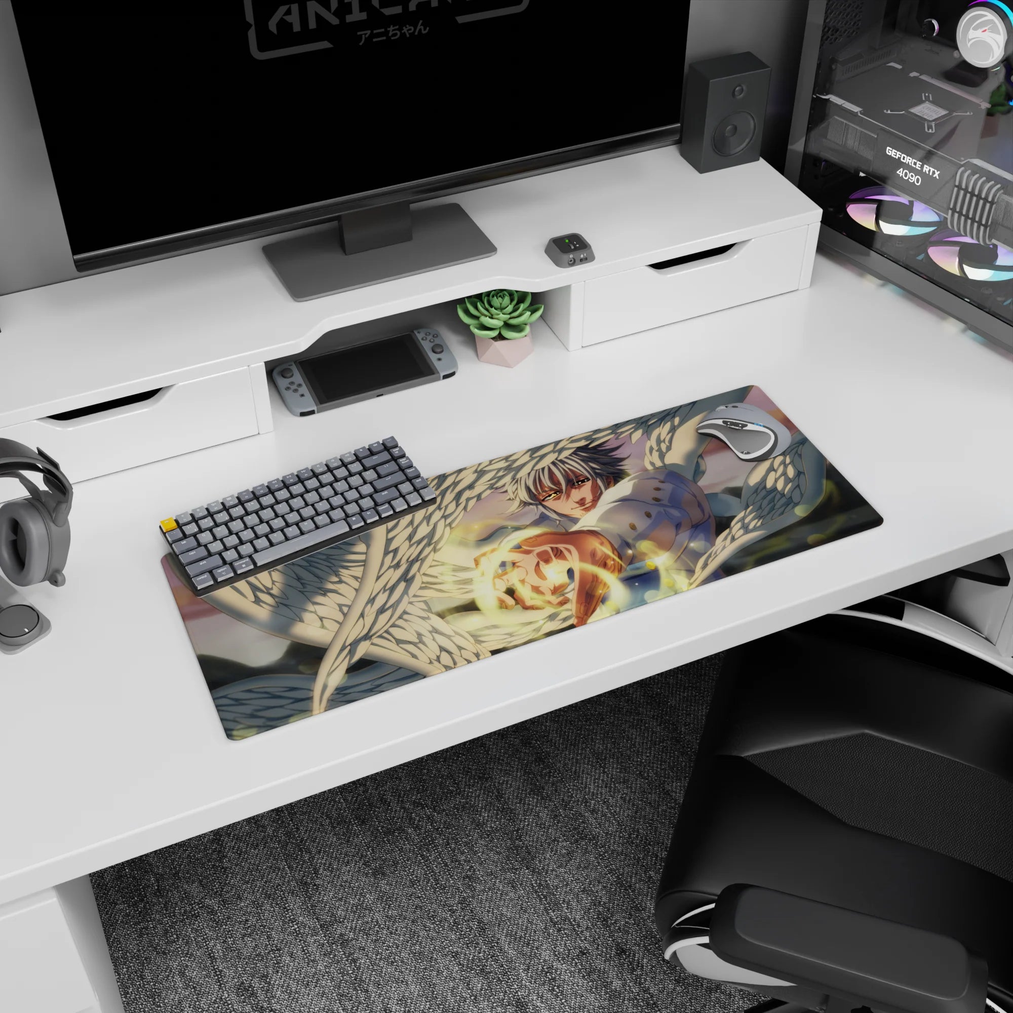 32x12 inches anime mouse pad showing an angelic warrior reaching forward, layered feathers and hero stare.