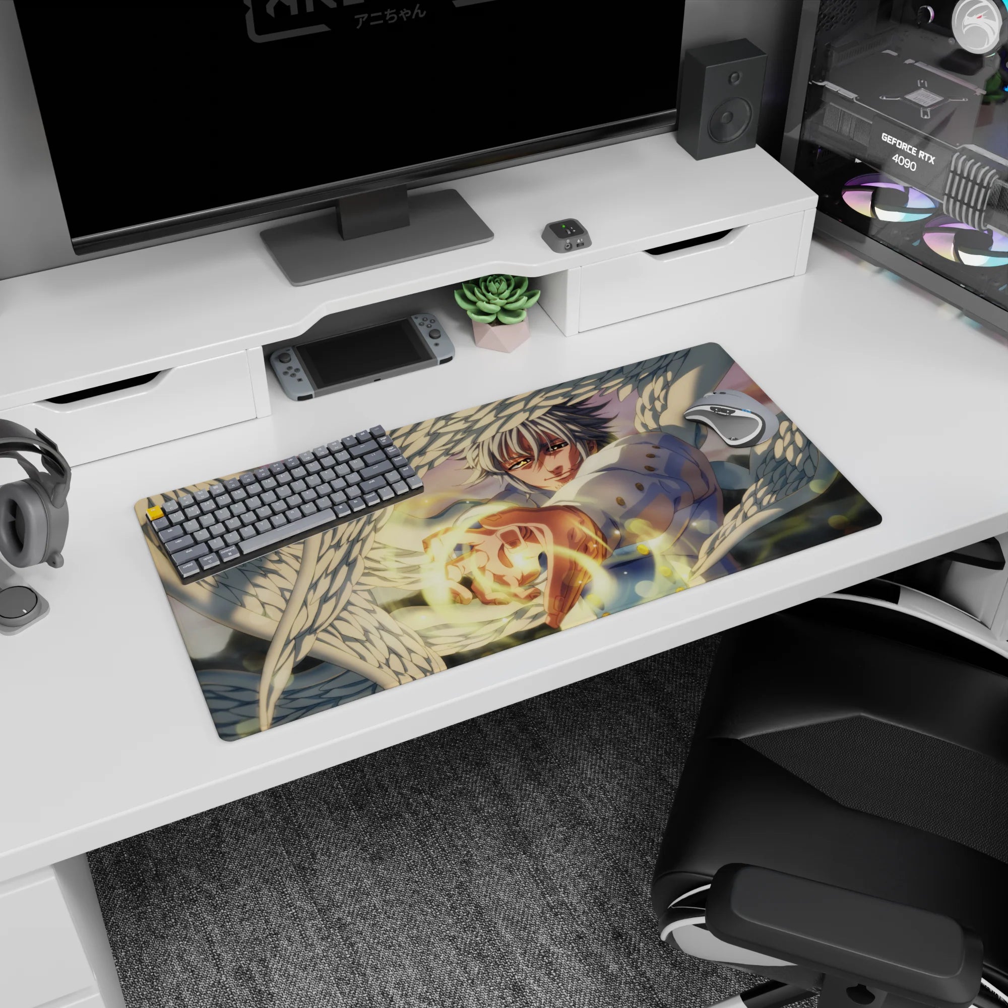 32x16 inches anime mouse pad showing an angelic warrior reaching out, wings filling the frame, golden aura.
