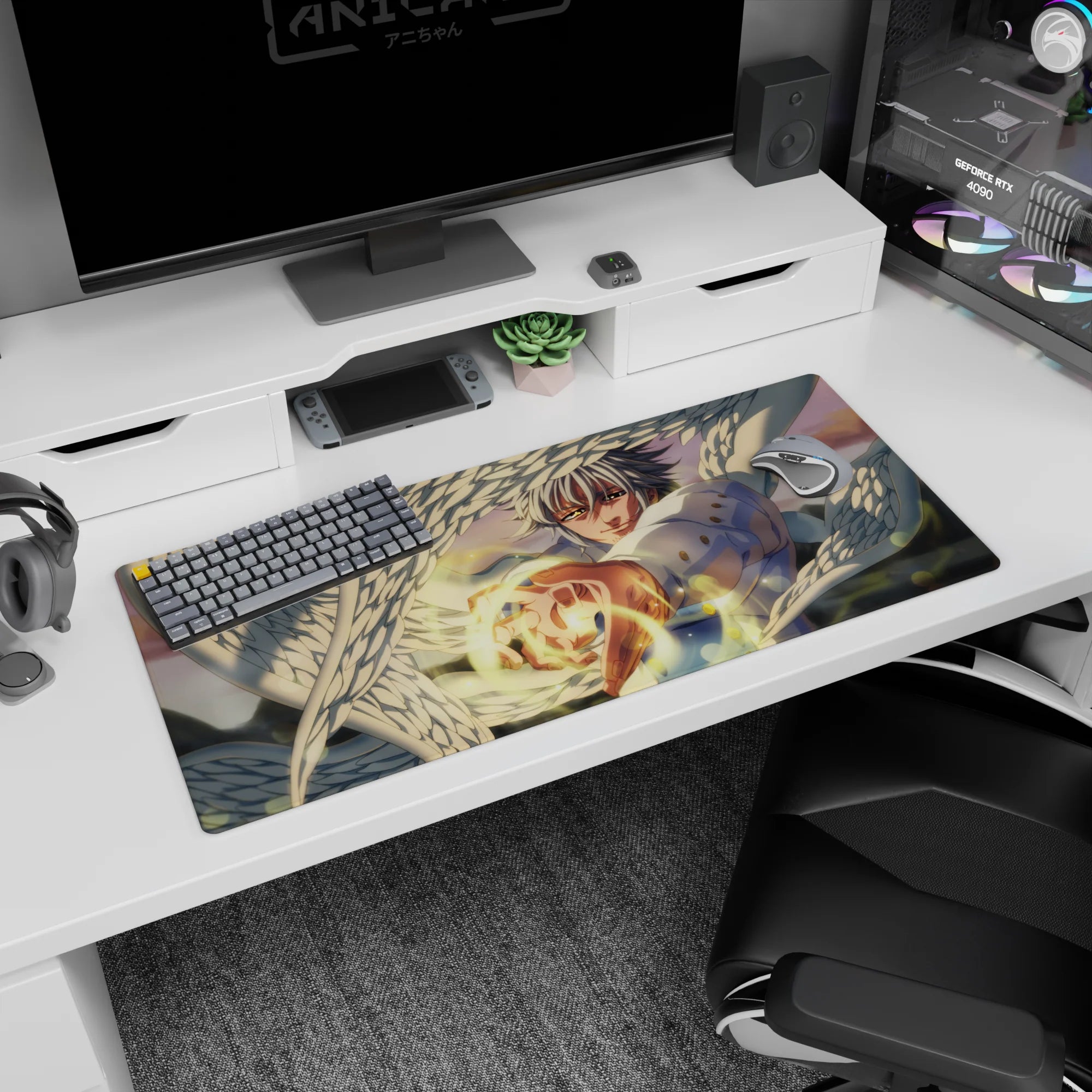 36x16 inches anime desk pad showing an angelic warrior reaching forward, wings filling the frame, golden aura.