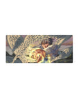 Anime mouse pad 28x12 inches with silver-haired angel fighter, white wings, crisp white uniform, gold accents.