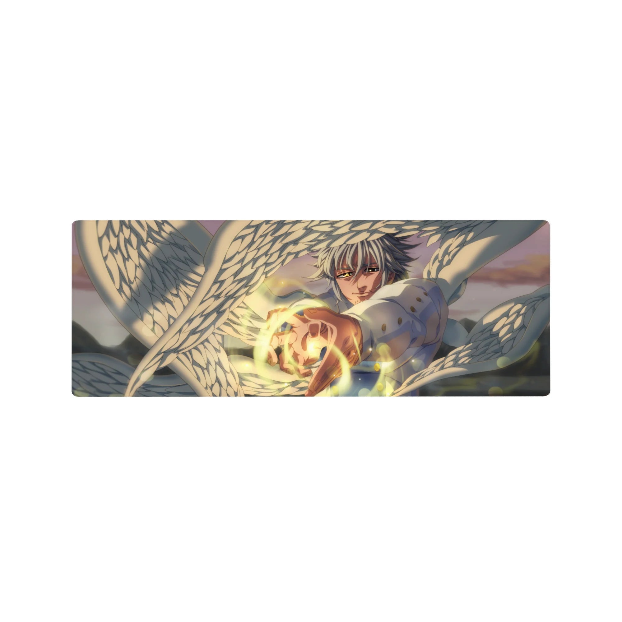 32x12 inches anime mouse pad with silver-haired angel fighter, white wings, and golden energy reach.
