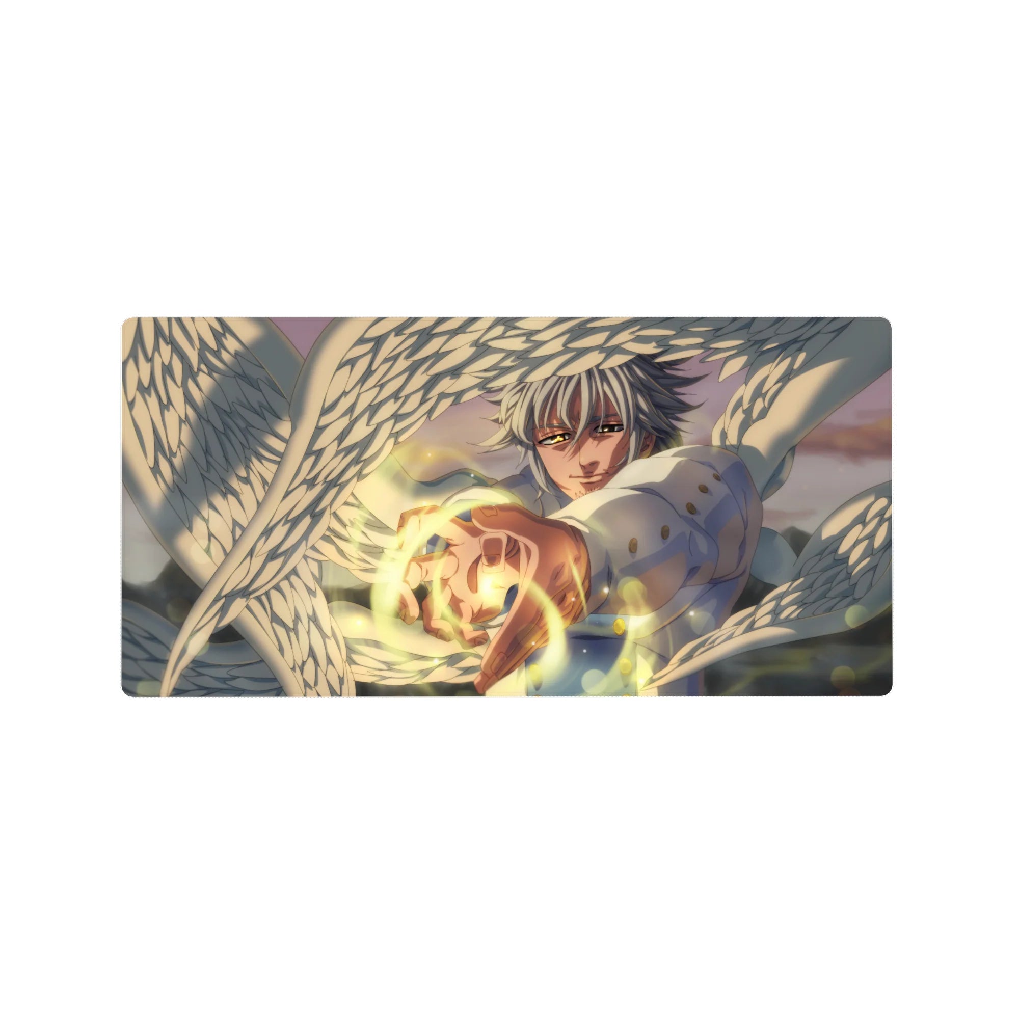 32x16 inches anime mouse pad with silver-haired angel fighter, white wings, gold energy, heroic uniform.