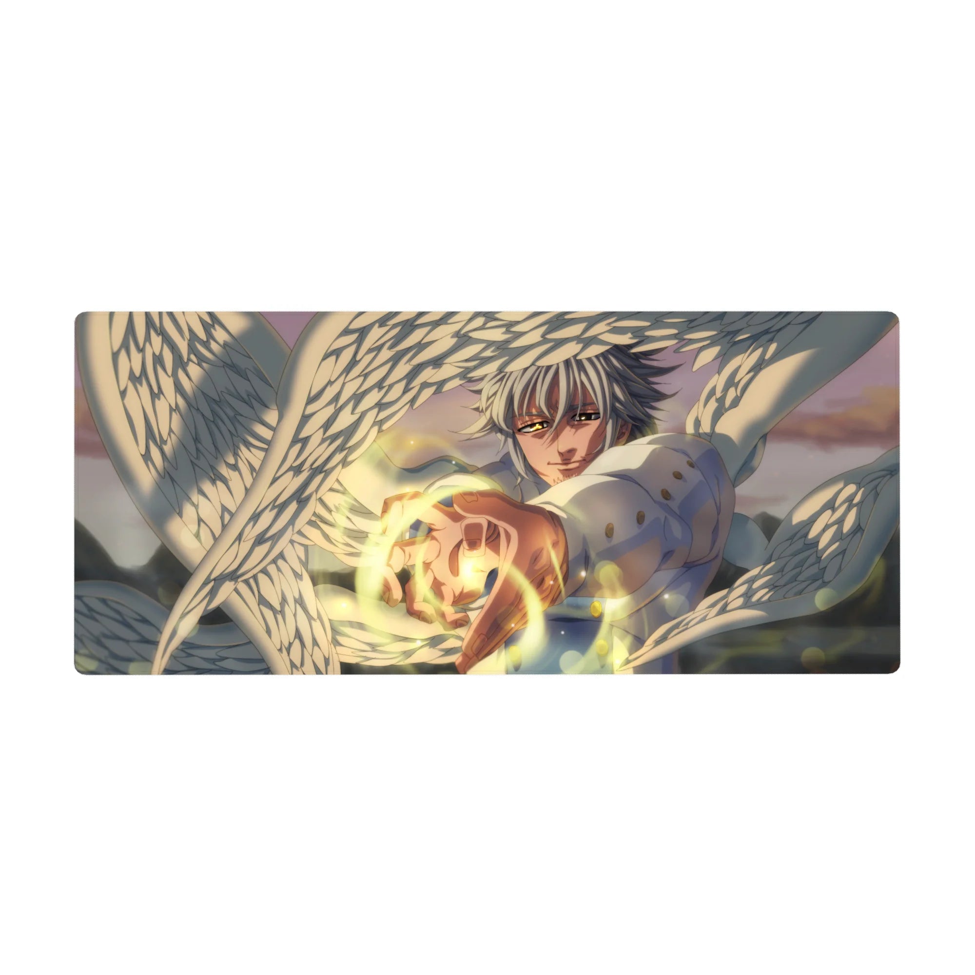 36x16 inches anime desk pad with silver-haired angel fighter, white wings, crisp uniform, golden energy.