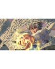 40x20 inches anime desk pad with silver-haired angel fighter, white wings, gold energy, heroic uniform.