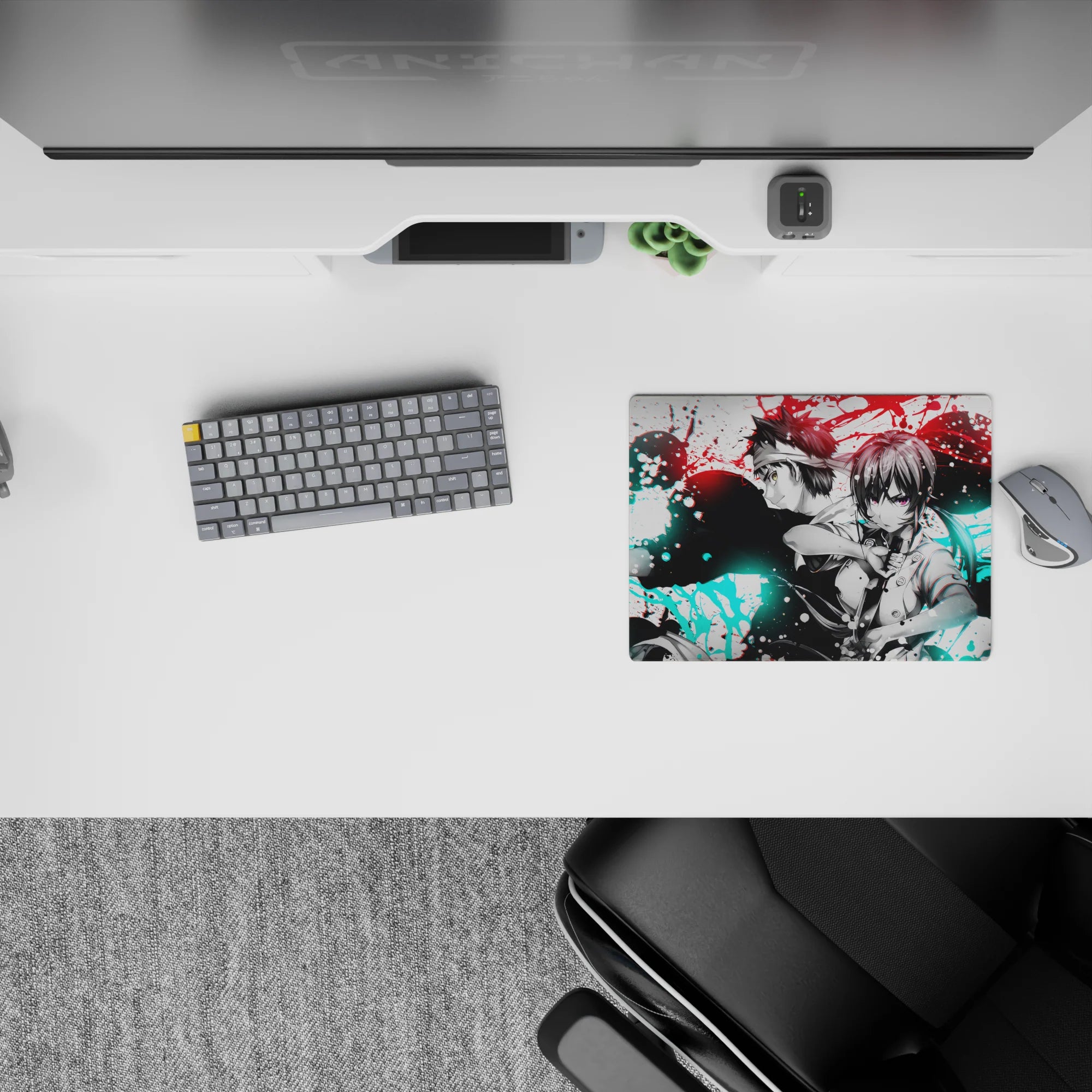 Bold red and icy cyan anime mouse pad 14x10 inches, high-contrast, intense yet calming desk vibe.