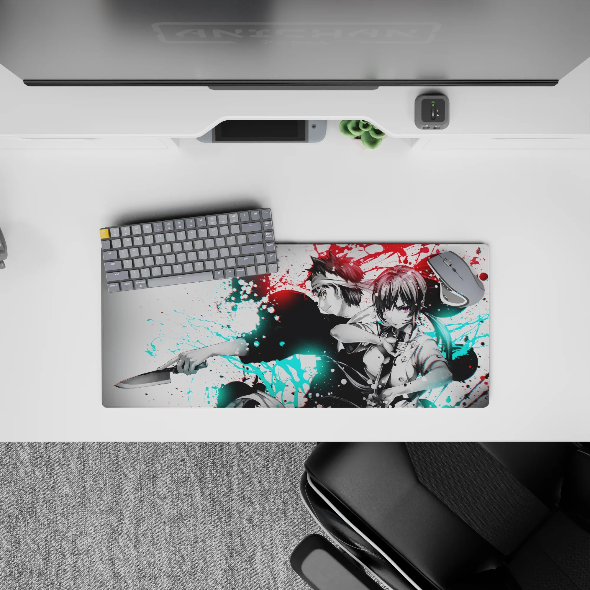 28x12 inches anime mouse pad in red and icy cyan ink splashes, high-contrast, intense yet calming mood.