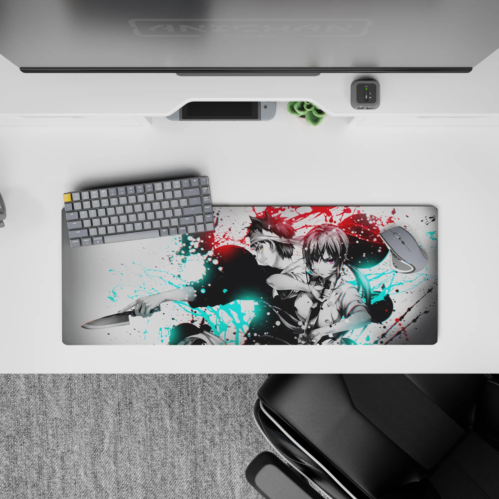 32x12 inches anime desk mat in red and icy cyan ink-splash style, bold contrast, intense calm vibe.