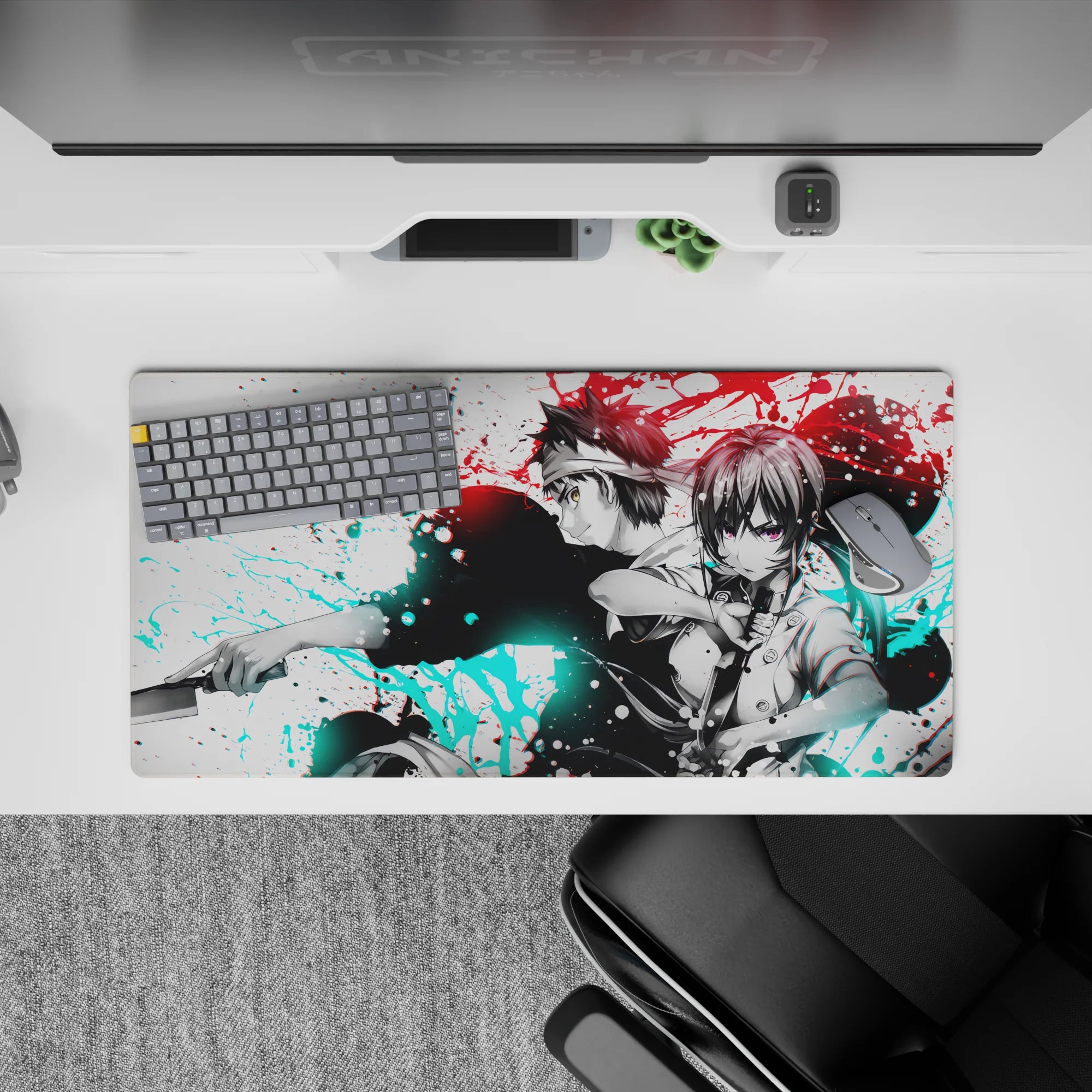 32x16 inches anime desk mat in red and icy cyan splashes, bold contrast, intense yet calming vibe.