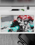 32x16 inches anime desk mat in red and icy cyan splashes, bold contrast, intense yet calming vibe.