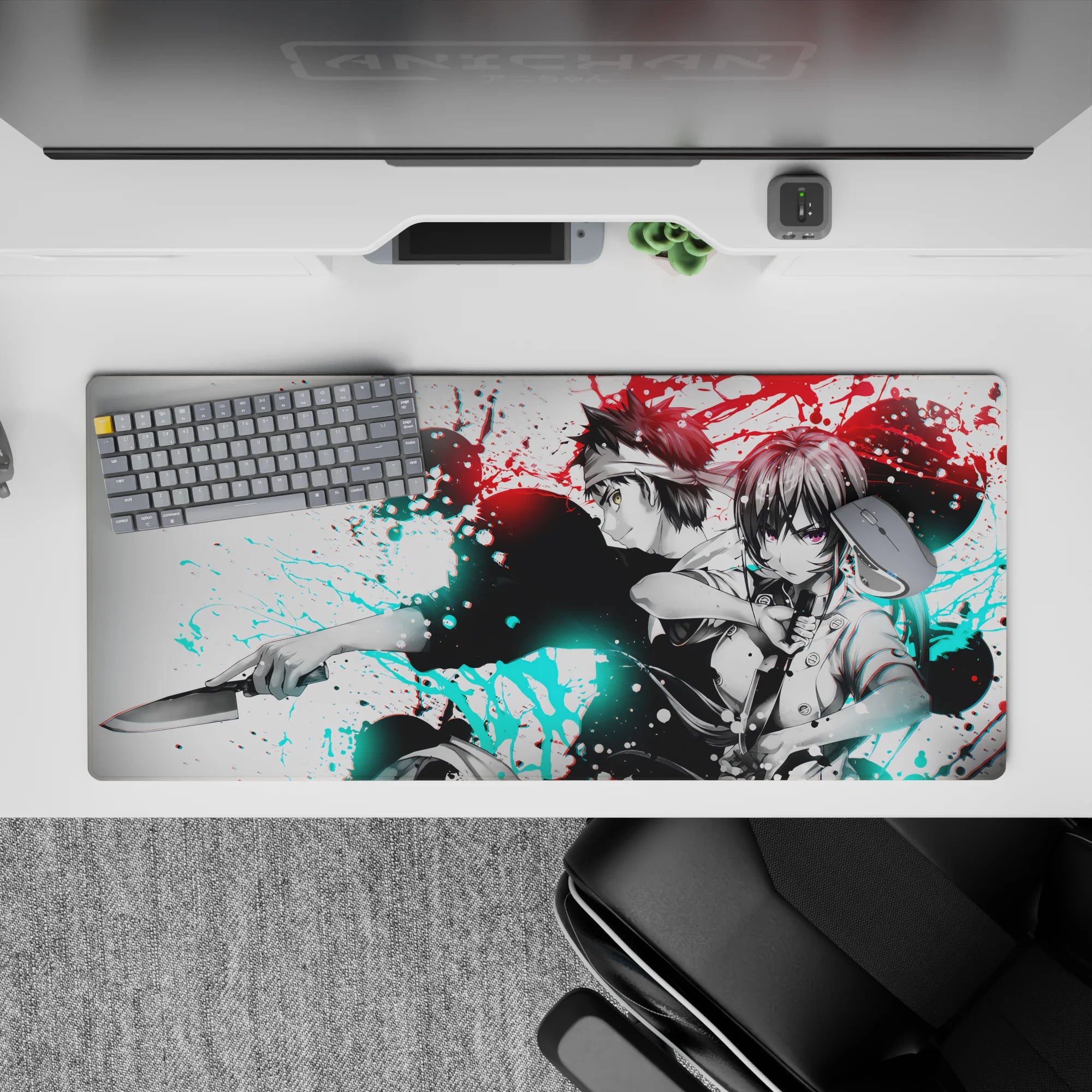 36x16 inches anime desk pad in red and icy cyan ink splashes, bold contrast, intense calm vibe.