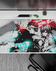 40x20 inches anime desk pad in red and icy cyan ink-splash style, bold contrast on clean white.