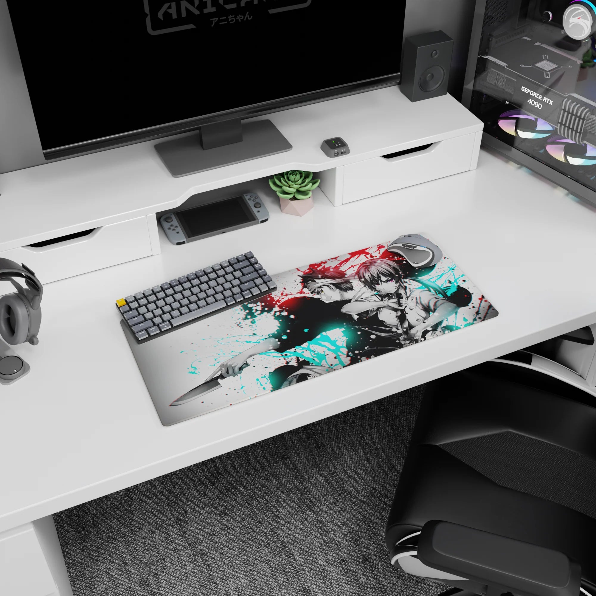 28x12 inches anime mouse pad showing violet-eyed girl in uniform and headband fighter, blades ready back-to-back.