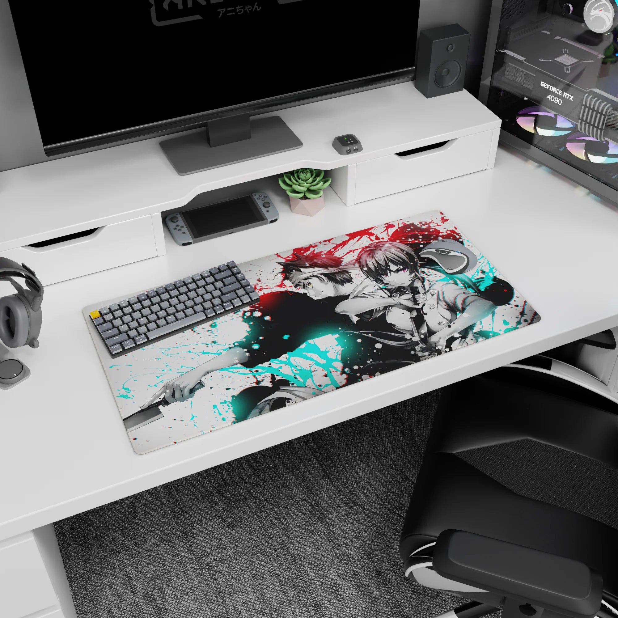 32x16 inches anime mouse pad showing violet-eyed girl in uniform and headband boy, blades ready.