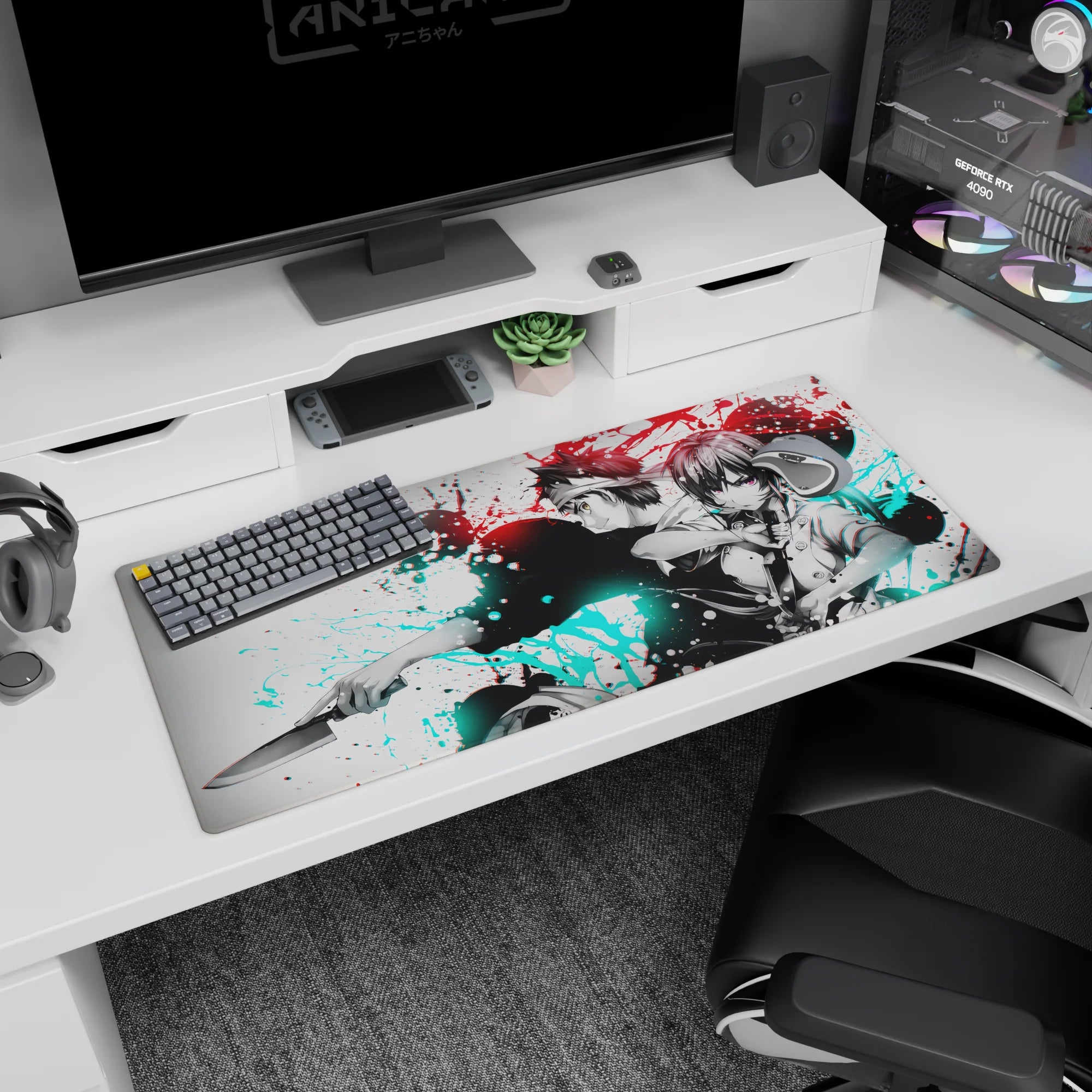 36x16 inches anime desk pad showing violet-eyed girl in uniform and headband swordsman back-to-back.