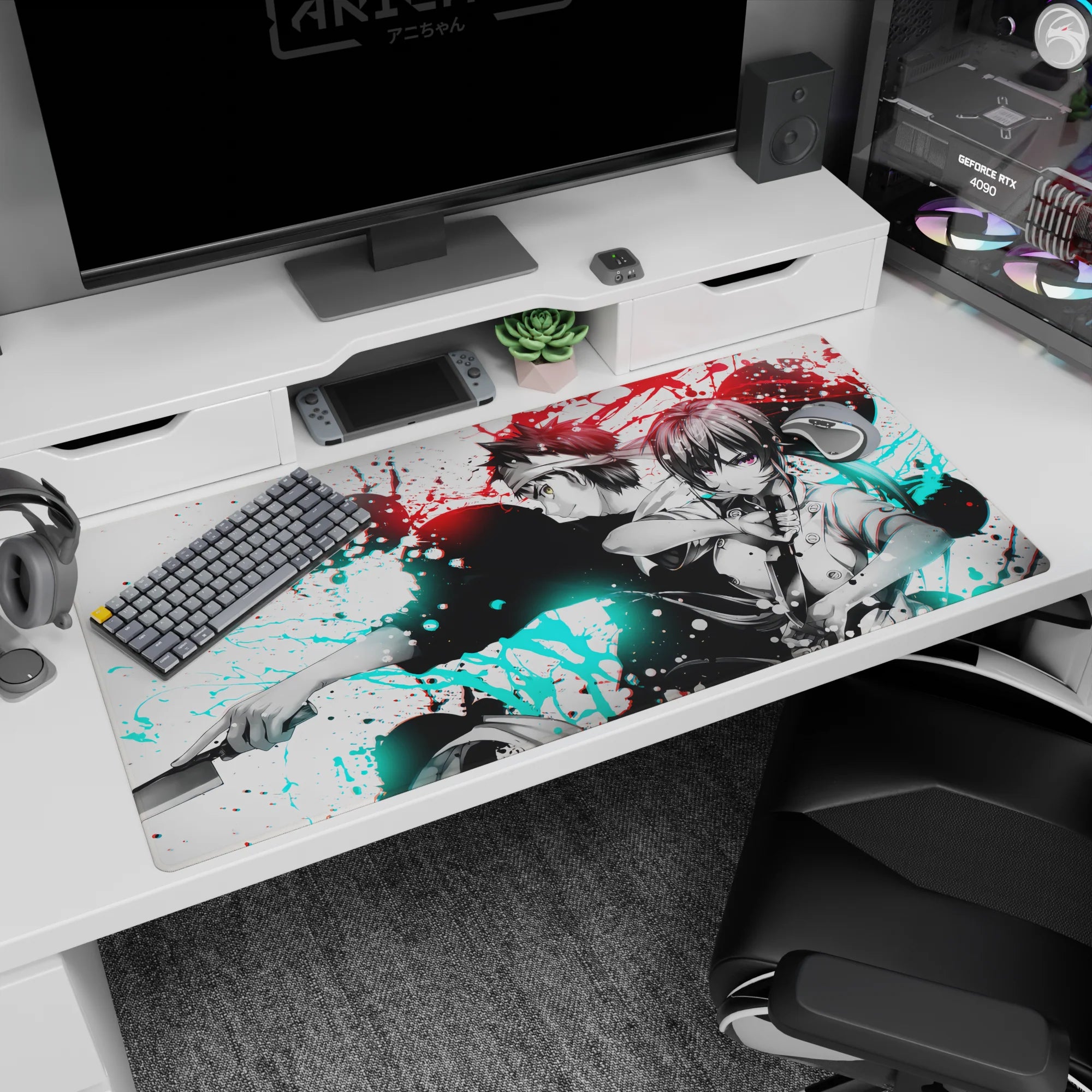 40x20 inches anime desk pad showing two back-to-back blade fighters, violet-eyed girl and gritty boy.