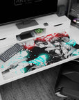 40x20 inches anime desk pad showing two back-to-back blade fighters, violet-eyed girl and gritty boy.
