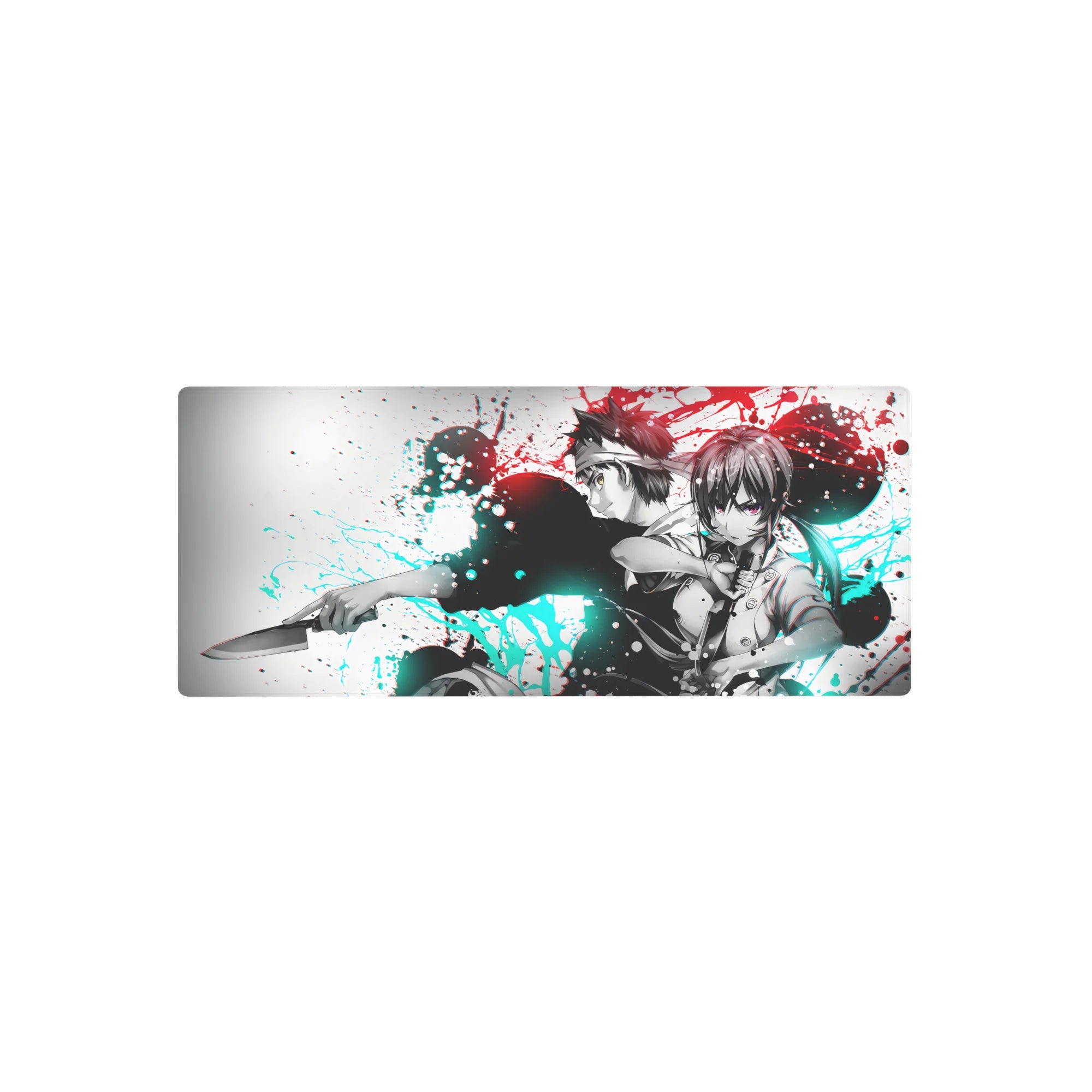 28x12 inches anime mouse pad with back-to-back sword fighters on white, bold street-art ink splash style.