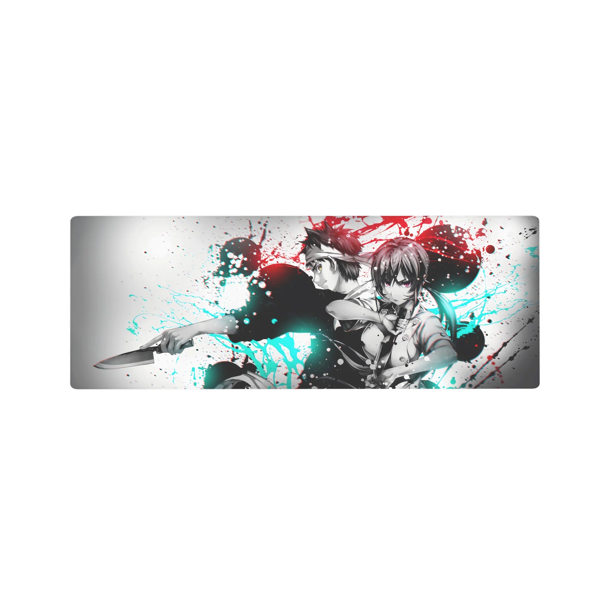 32x12 inches anime mouse pad with back-to-back sword fighters, street-art ink splashes on white.