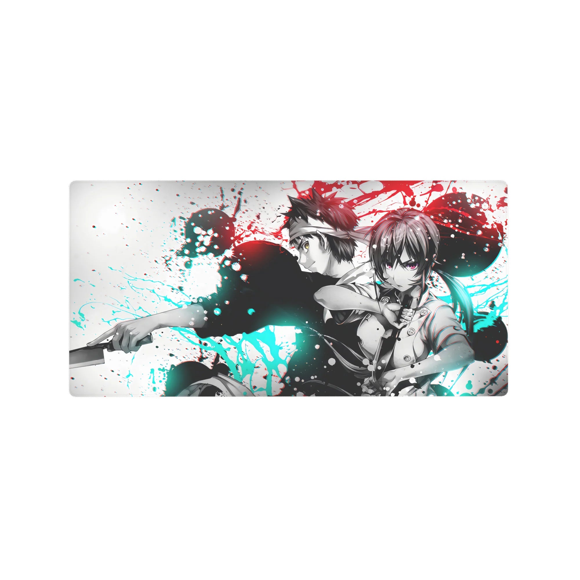 32x16 inches anime mouse pad with back-to-back sword fighters, ink-splash street-art on white.