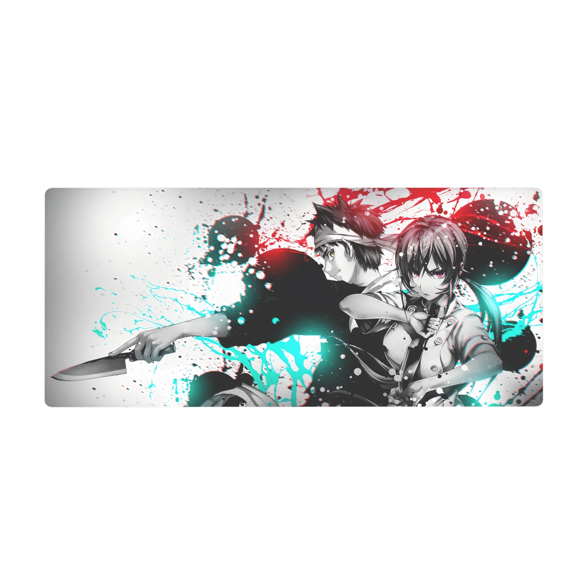 36x16 inches anime desk pad with back-to-back sword fighters, ink-splash street-art on white.
