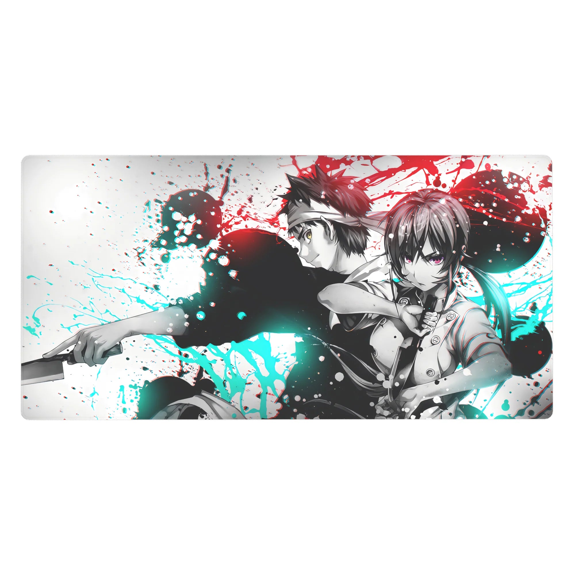 40x20 inches anime desk pad with back-to-back sword fighters, street-art ink splashes on white.