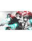 40x20 inches anime desk pad with back-to-back sword fighters, street-art ink splashes on white.