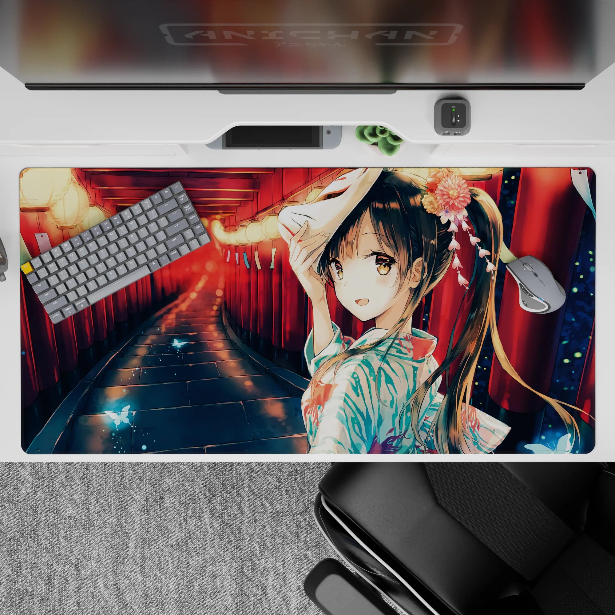 Warm red lantern glow anime girl desk pad 40x20 inches with cool blue stones and butterflies.