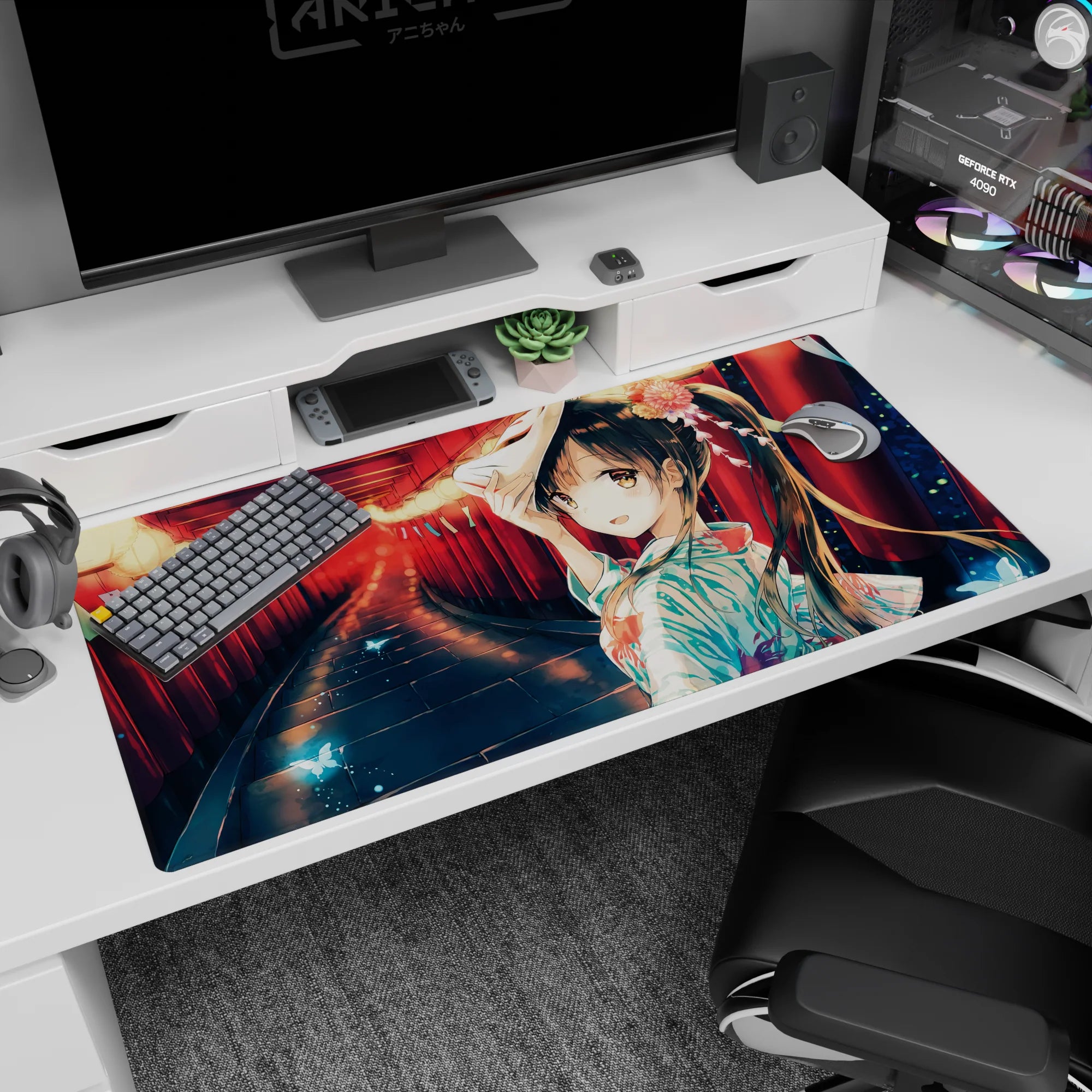 Shy yukata anime girl at torii gates desk pad 40x20 inches, midnight summer festival walkway.