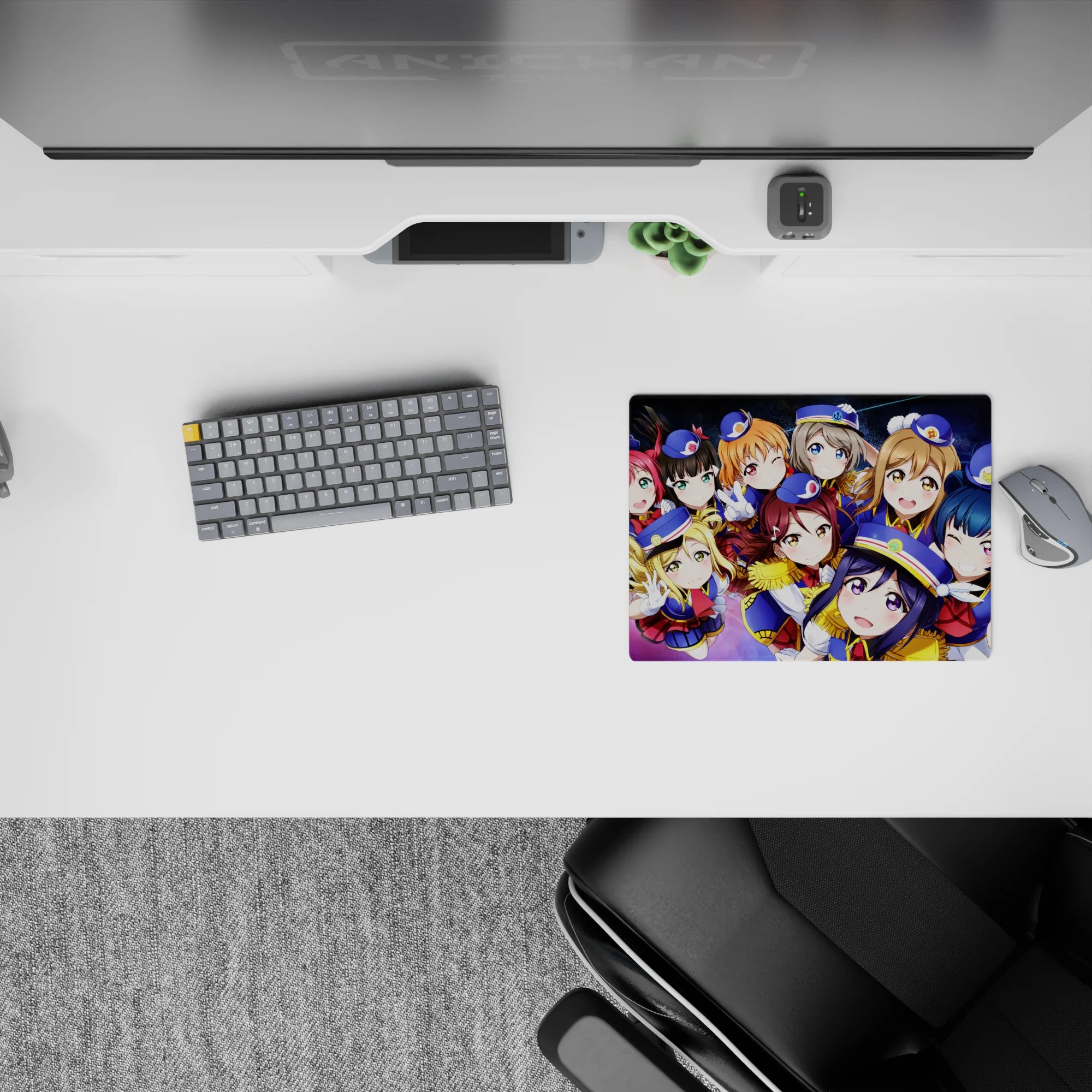 Cute idol squad on deep space backdrop with rainbow glow, smooth tracking mouse pad 14x10 inches.