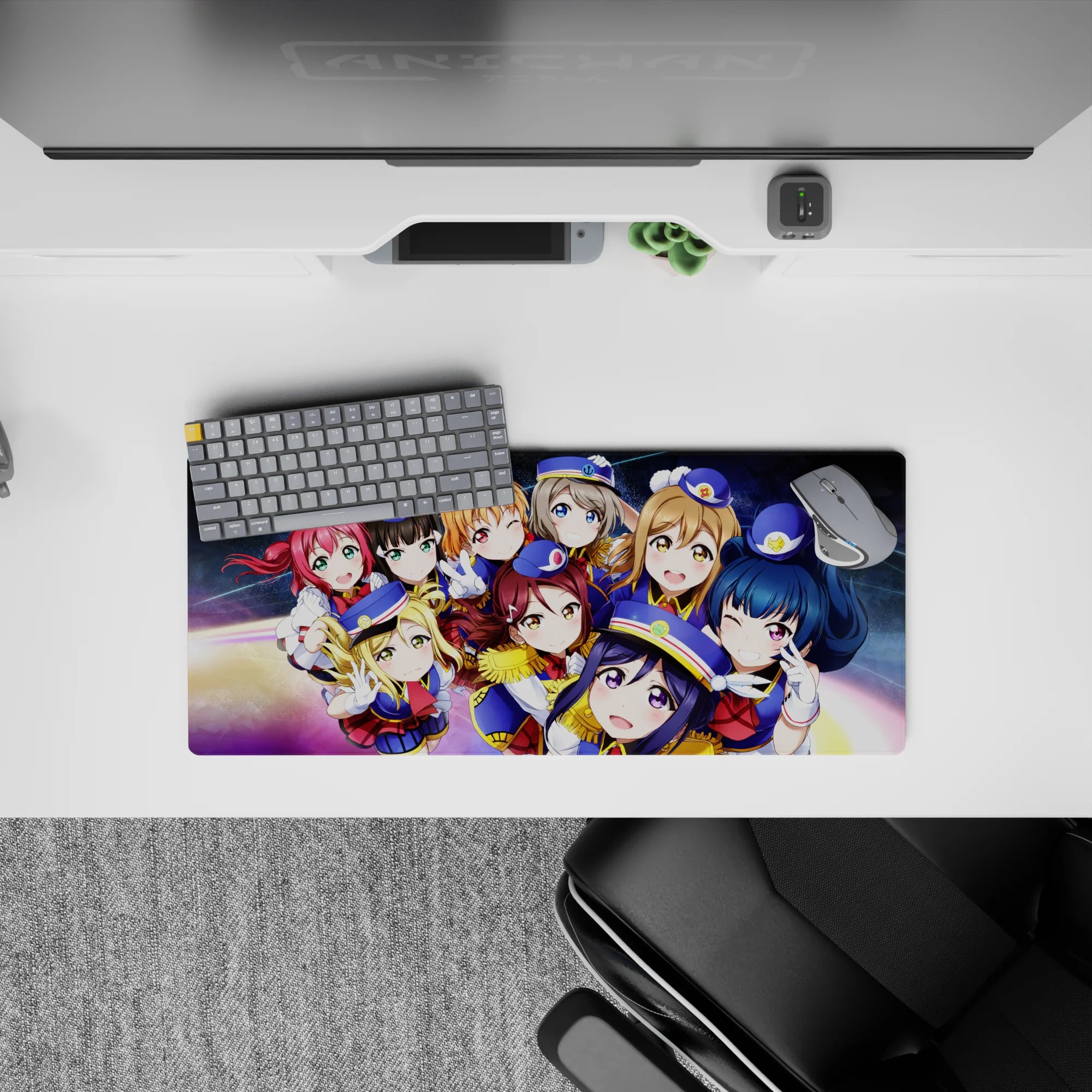 Rainbow-glow deep space anime girl mouse pad with dreamy galaxy background, smooth tracking, 28x12 inches.